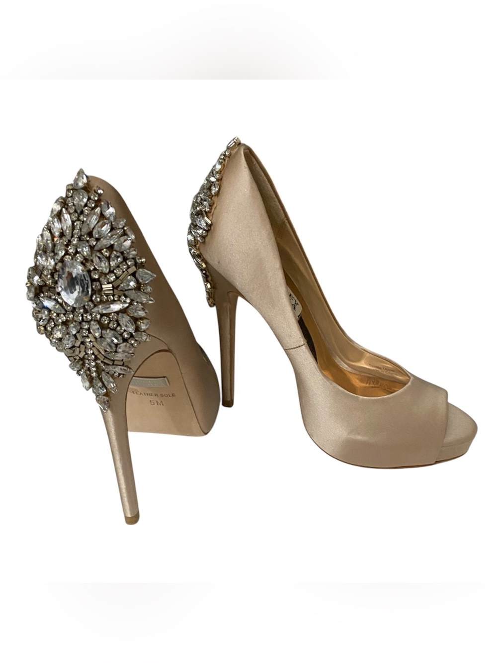 BADGLEY MISCHKA Crystal Embellished Peep-Toe High Heels Champagne 5
